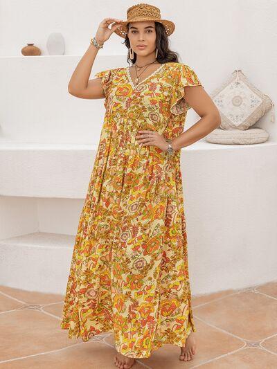 Plus Size Printed V-Neck Flutter Sleeve Tie Waist Maxi Dress