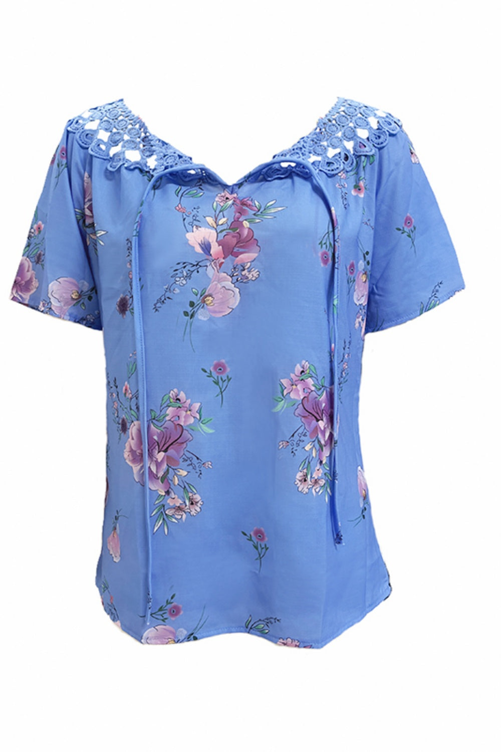 Full Size Printed Tie Neck Short Sleeve Blouse - Clothes For Her Online Store