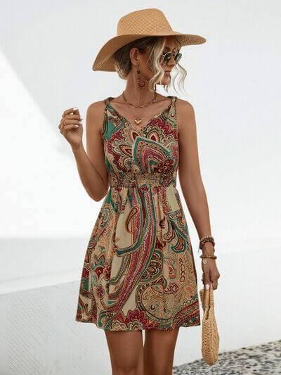 Smocked Printed V-Neck Mini Dress