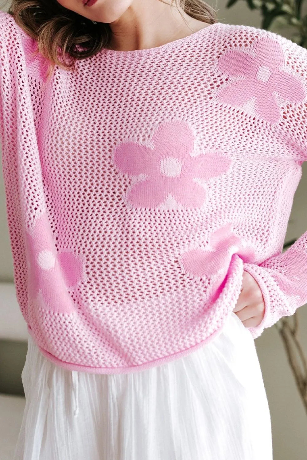 Openwork Round Neck Floral Knit Cover Up