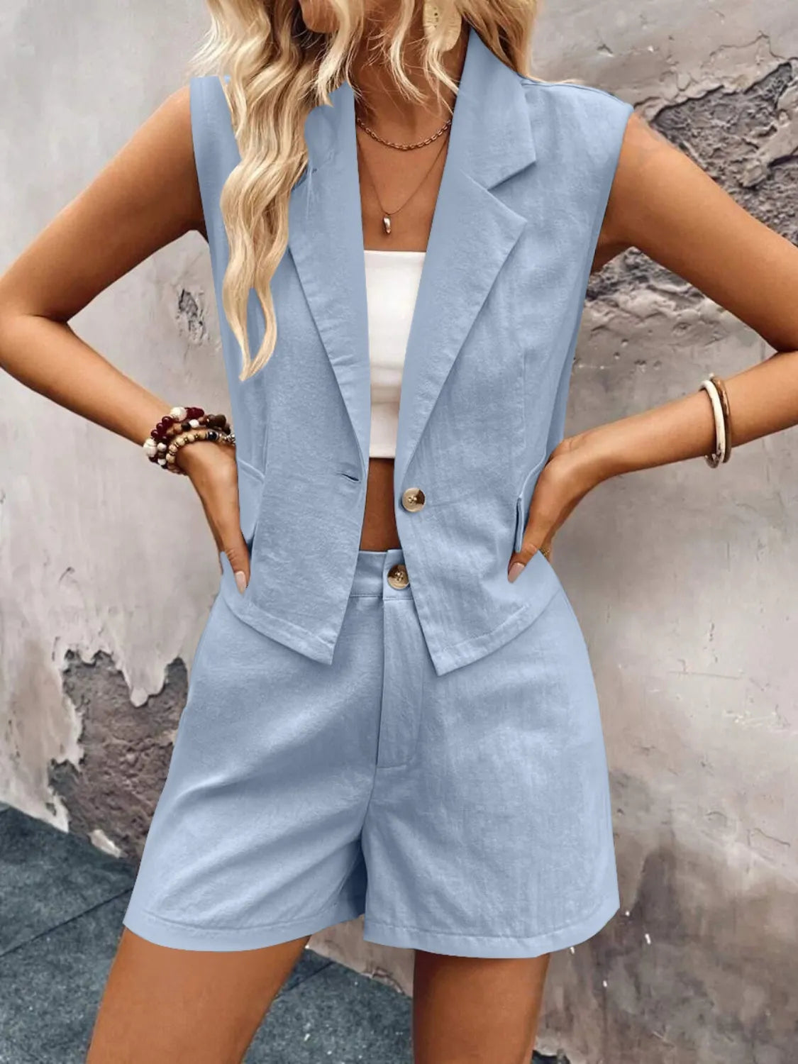 One Button Sleeveless Top and Shorts Set - Clothes For Her Online Store