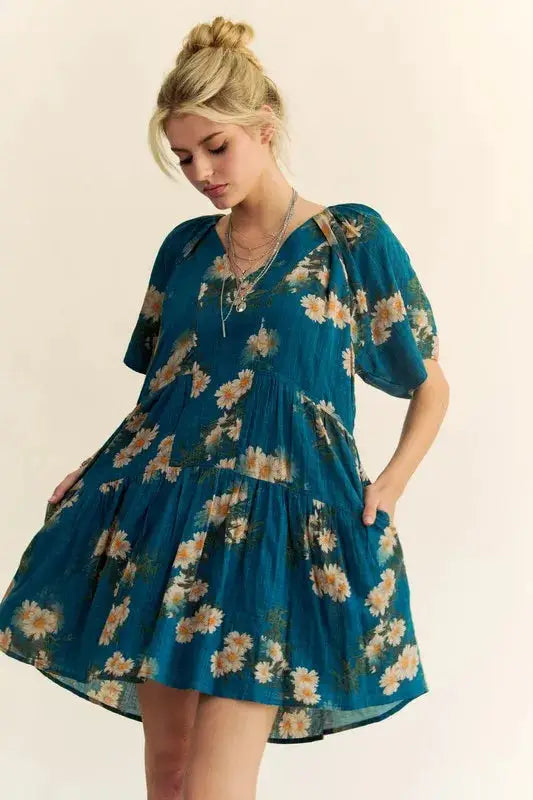 Davi & Dani Floral Print Short Bell Sleeve Pleated Mini Dress - Clothes For Her Online Store