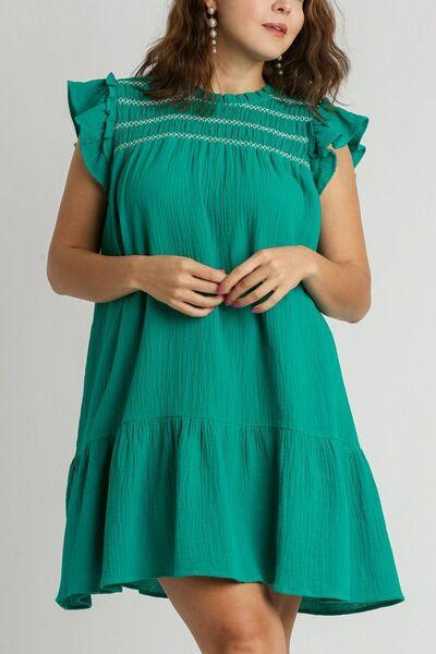 Umgee Full Size Smocked Contrast Stitching Ruffle Cap Sleeve Round Neck Dress Plus Size