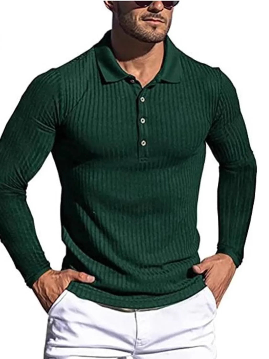 Men's Full Size Button Detail Long Sleeve Polo Plus Size