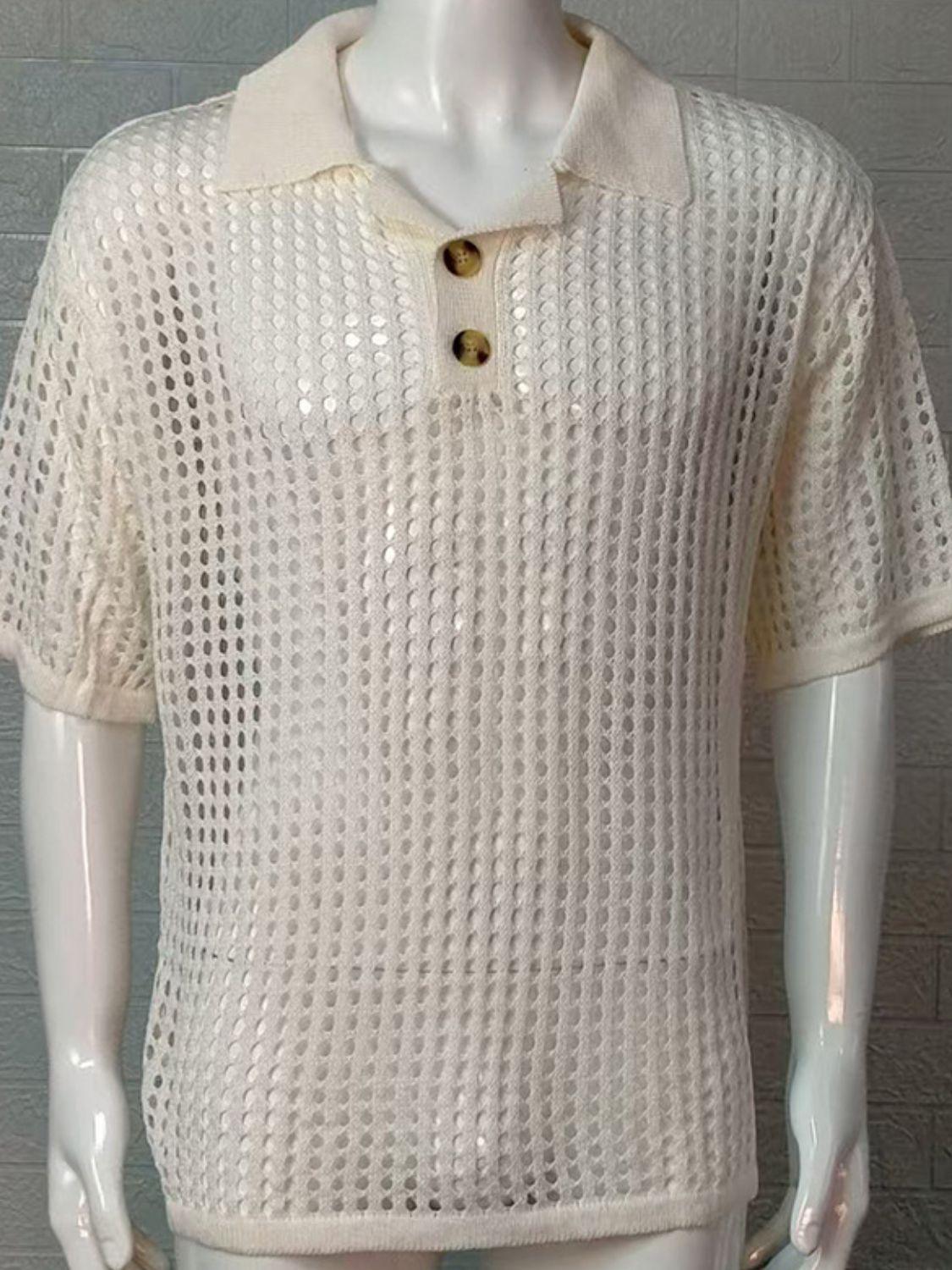 Men's Plus Size Openwork Collared Neck Quarter Button Knit Polo