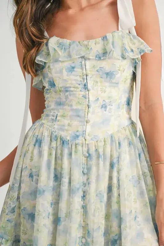 MABLE Floral Printed Shoulder Strap Midi Dress - Clothes For Her Online Store