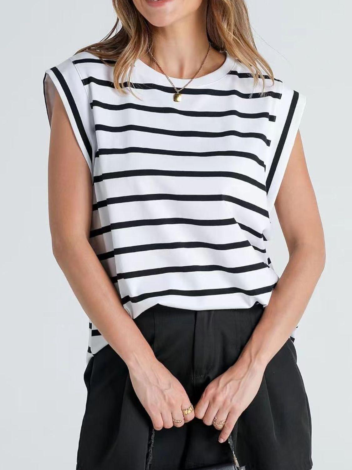 Florira Striped Round Neck Cap Sleeve T-Shirt