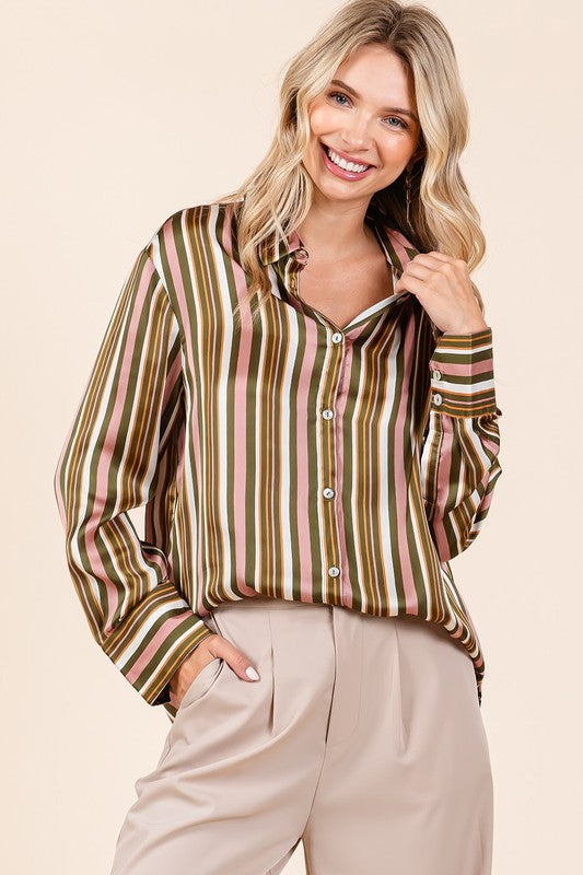 Mittoshop Striped Button Down Satin Shirt - Clothes For Her Online Store