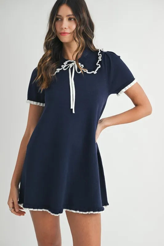 MABLE Ruffle Trimmed Collar Fine Knit Mini Dress