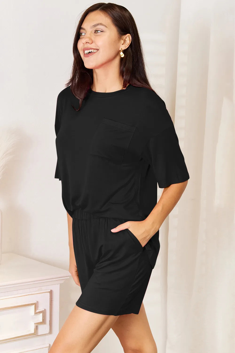 Basic Bae Bamboo Full Size Round Neck Drop Shoulder T-Shirt and Shorts Set - Clothes For Her Online Store