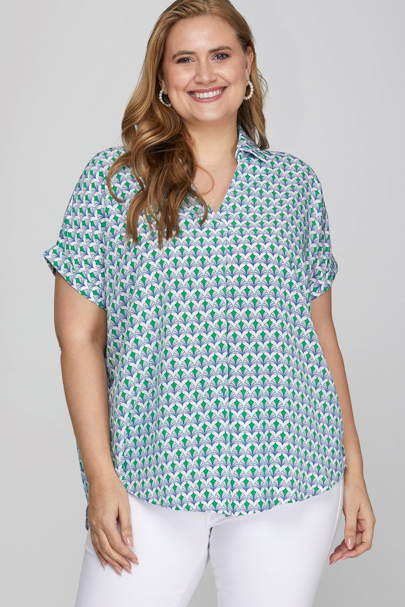 She + Sky Full Size Printed Johnny Collar Short Sleeve Blouse Plus Size - Clothes For Her Online Store