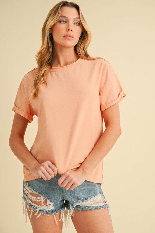Aemi + Co Exposed Seam Round Neck Short Sleeve T-Shirt - Clothes For Her Online Store
