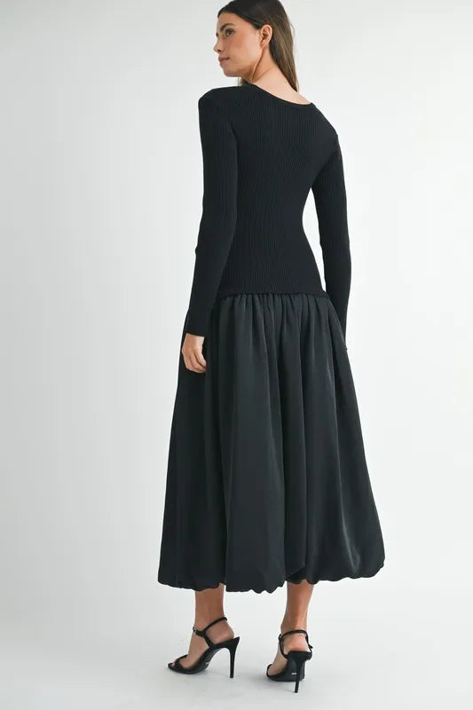 MABLE Ribbed Poplin Mix Midi Sweater Dress