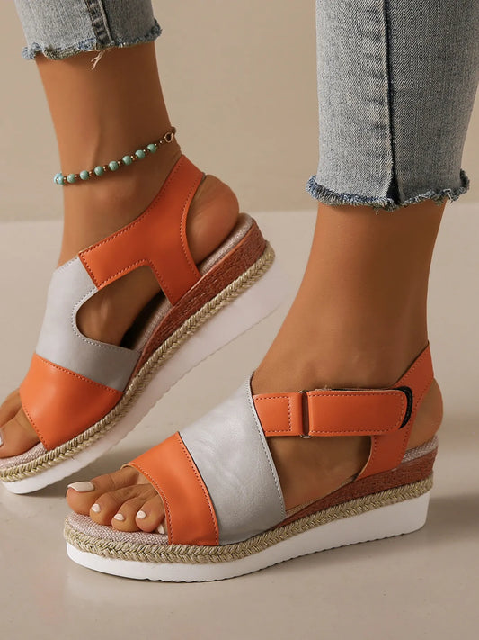 Color Block Platform Wedge Sandals with Ankle Strap