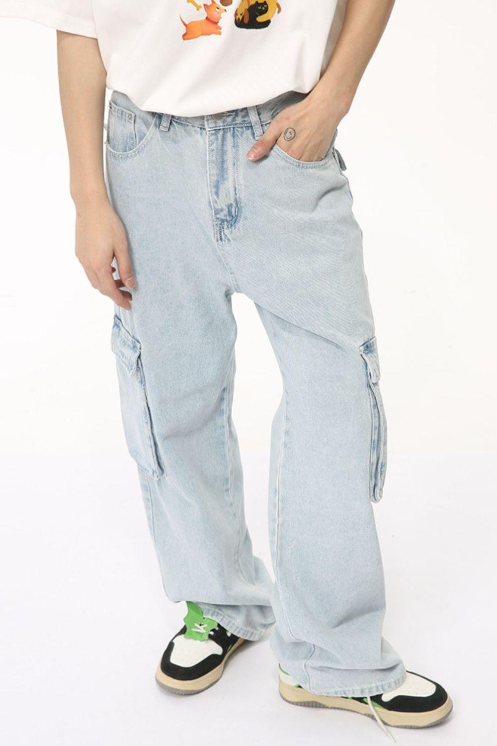 Men's Washed Straight Cargo Jeans - Clothes For Her Online Store