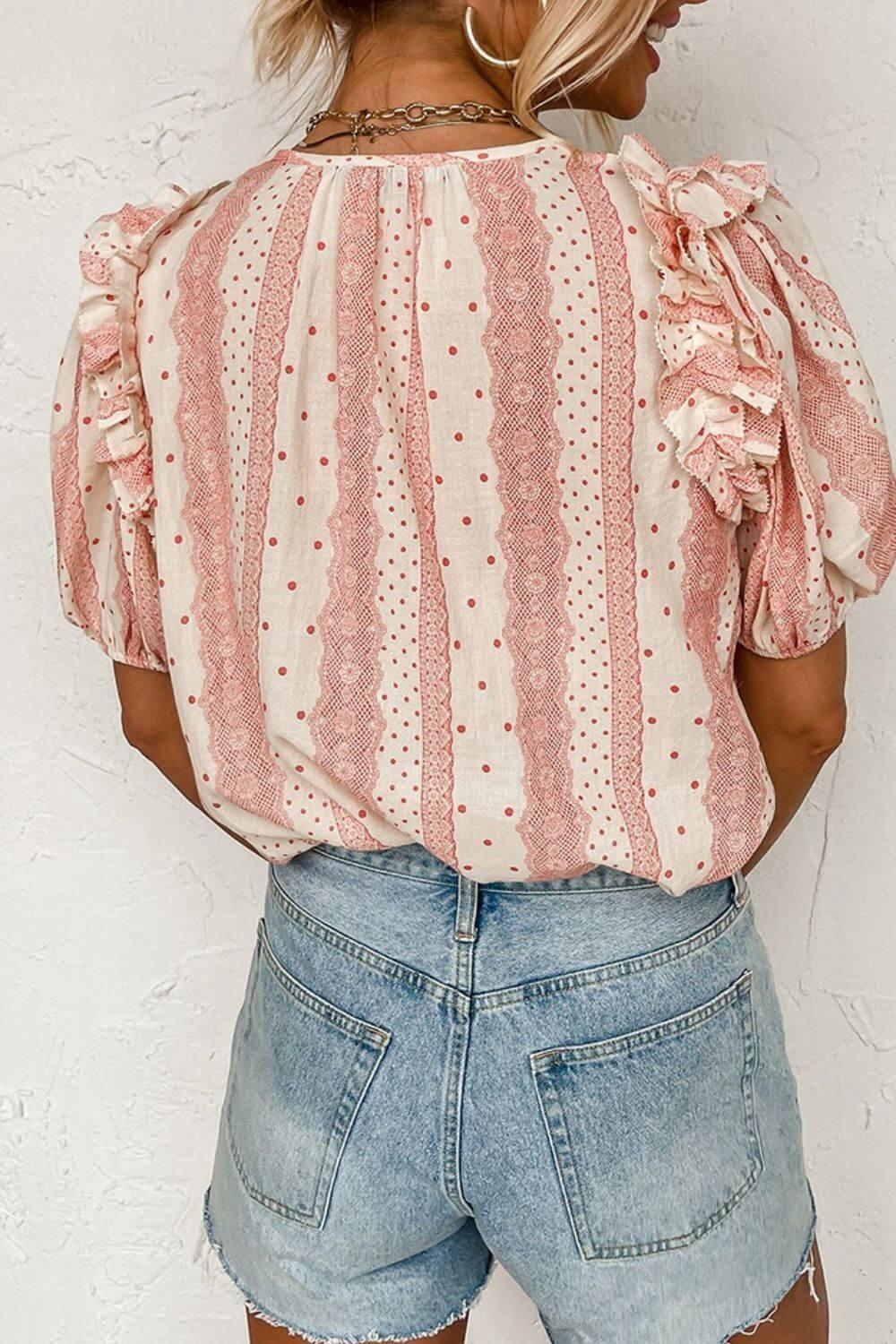 Frilled Short Puff Sleeve Mixed Print Blouse