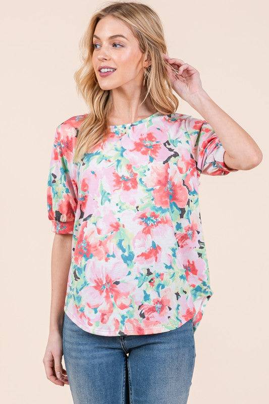 BOMBOM Floral Round Neck Puff Sleeve Top - Clothes For Her Online Store
