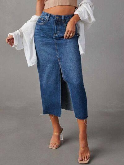 Raw Hem Front Slit Denim Midi Skirt