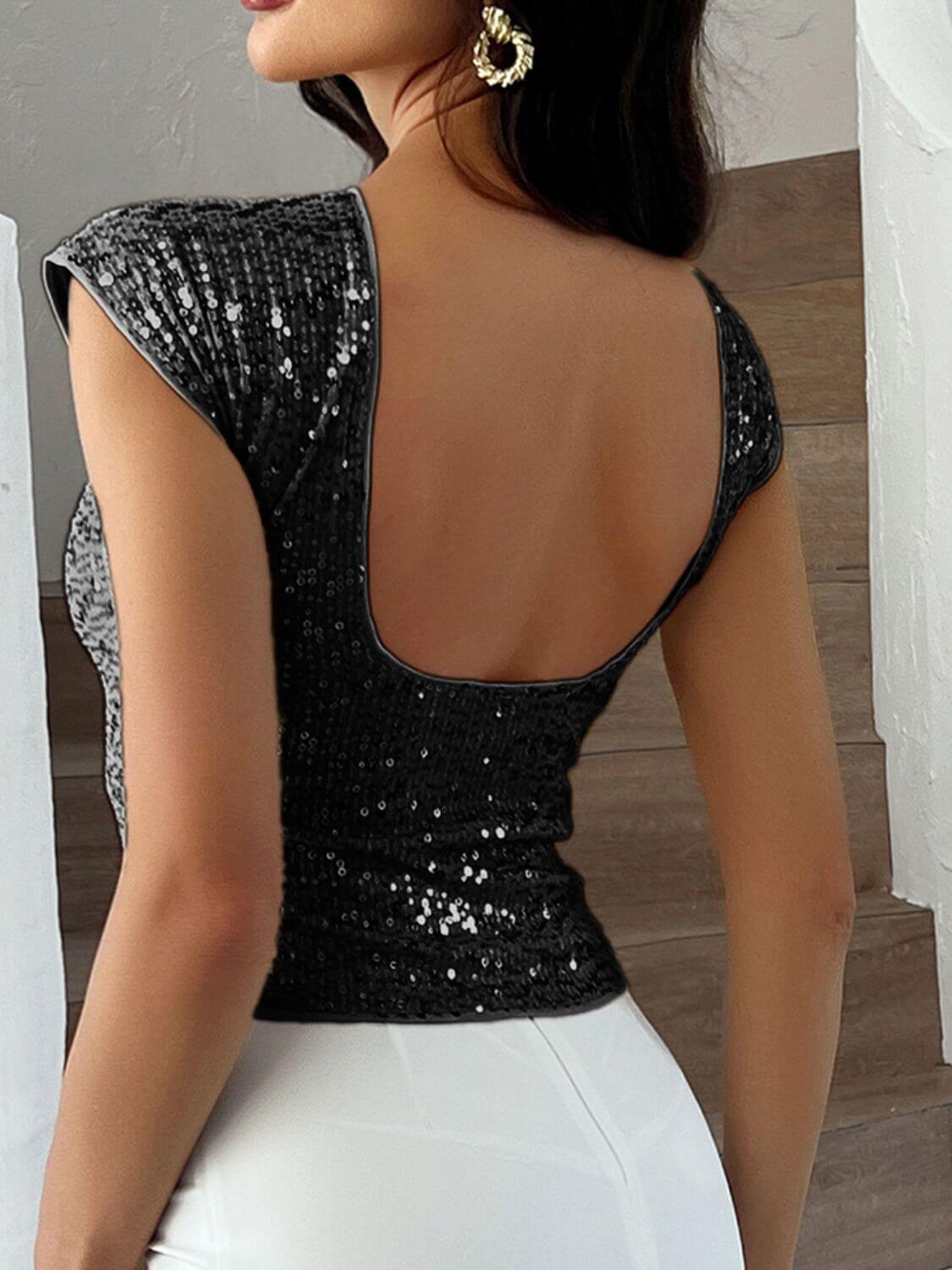 Devine Sequin Round Neck Backless T-Shirt