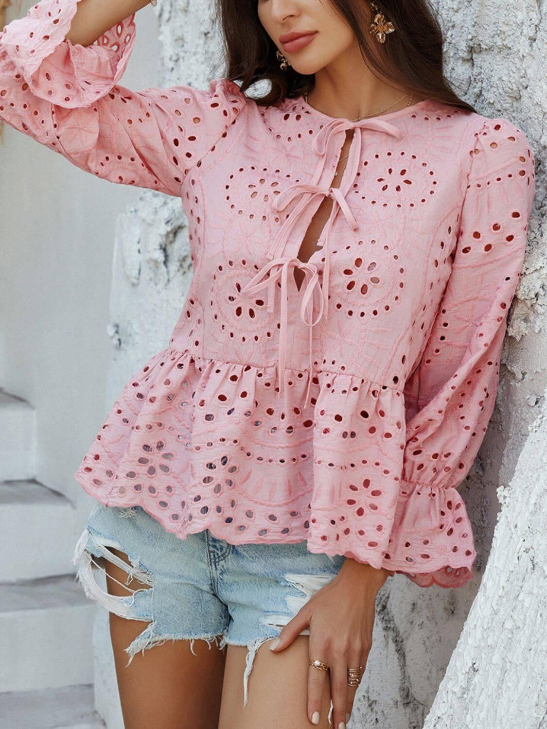 Devine Tie Front Flounce Sleeve Peplum Blouse