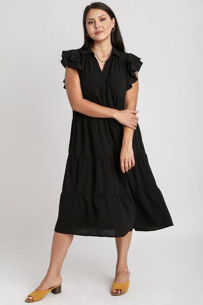 Umgee Full Size Johnny Collar Ruffle Cap Sleeve Tiered Dress Plus Size