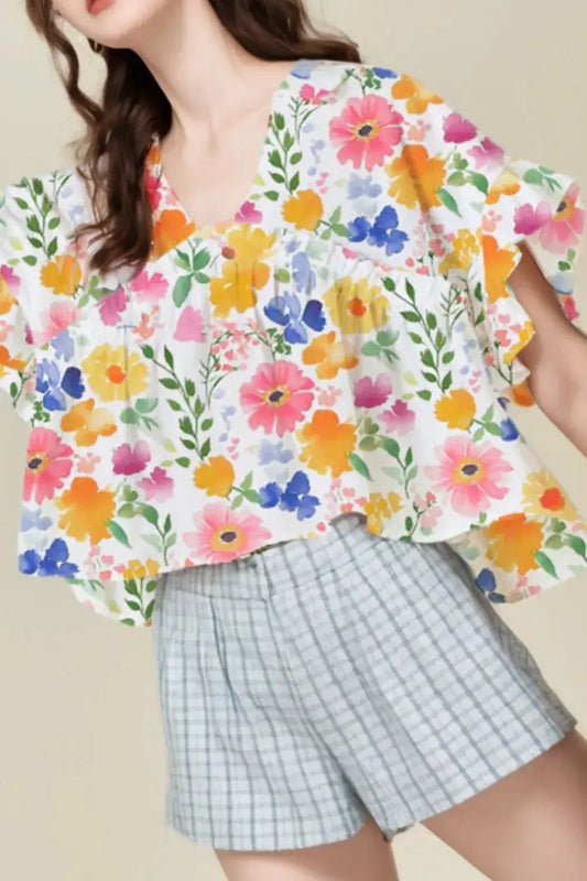 Floral Boxy Fit Ruffled Short Sleeve Blouse - Clothes For Her Online Store