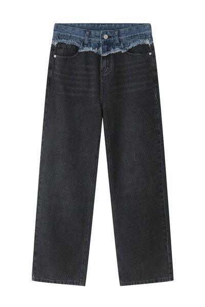 Men's Spliced Raw Hem Straight Leg Jeans