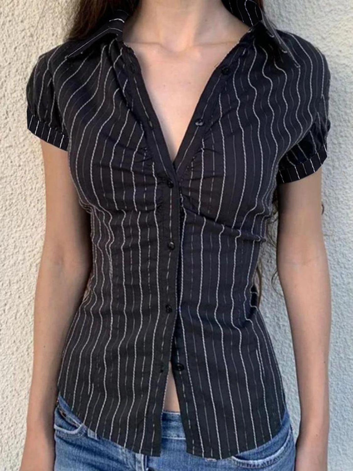 Devine Button Down Striped Collared Neck Short Sleeve Shirt - Clothes For Her Online Store