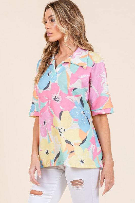 BOMBOM Floral Collared Neck Half Sleeve Top - Clothes For Her Online Store