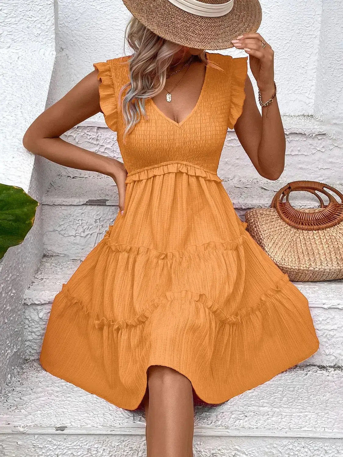 Ruffled V-Neck Cap Sleeve Dress