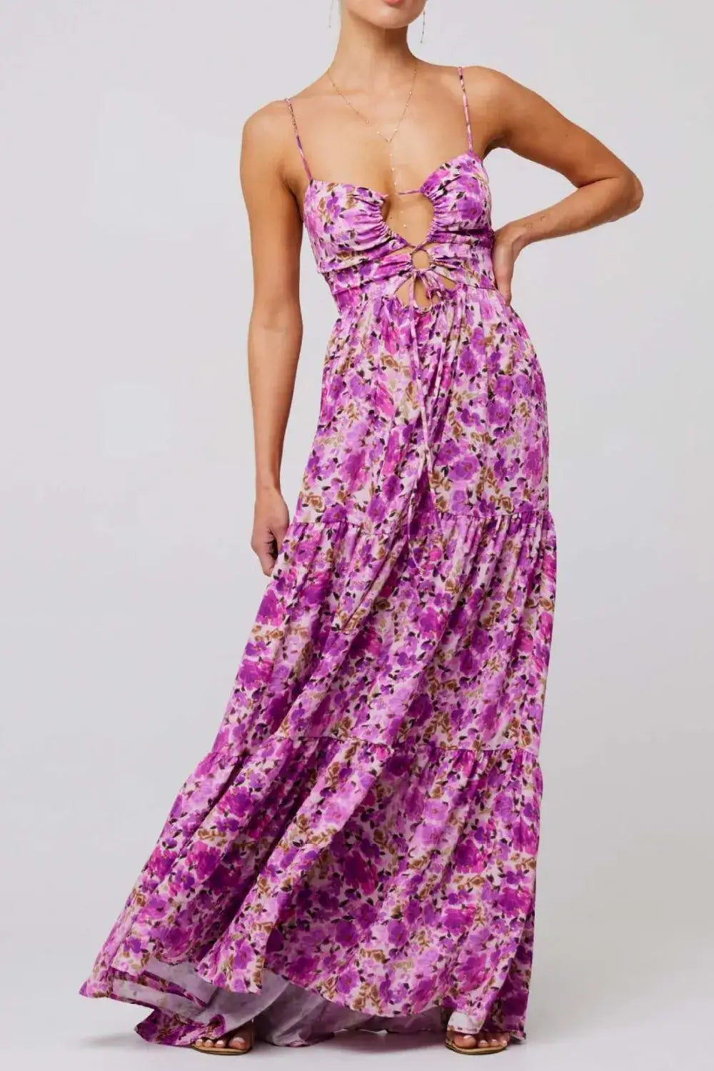 Floral Print Tie Front Tiered Maxi Dress