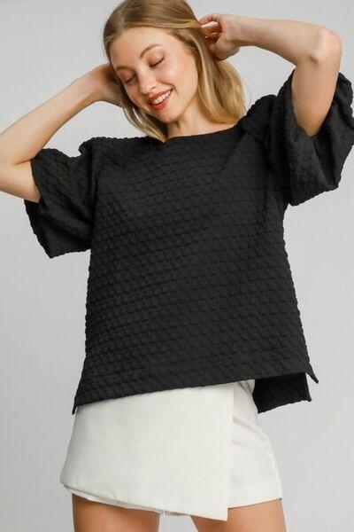 Umgee Full Size Boxy Cut Jacquard Round Neck Top with Side Slit Plus Size