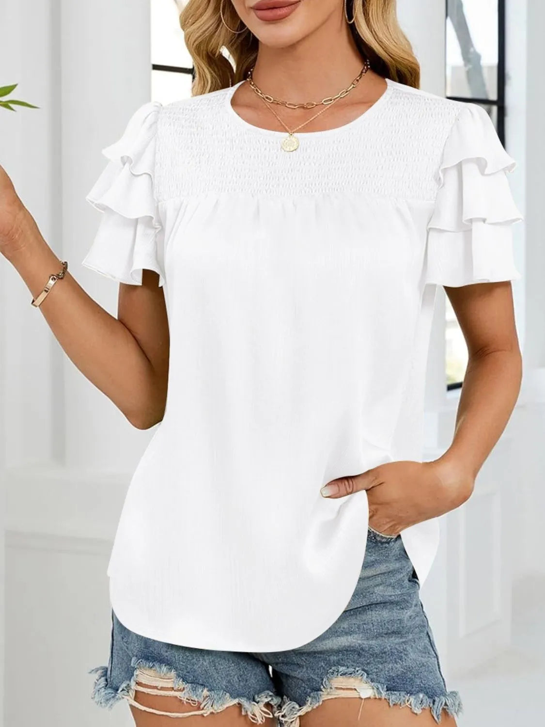Smocked Round Neck Ruffled Layered Sleeve Blouse