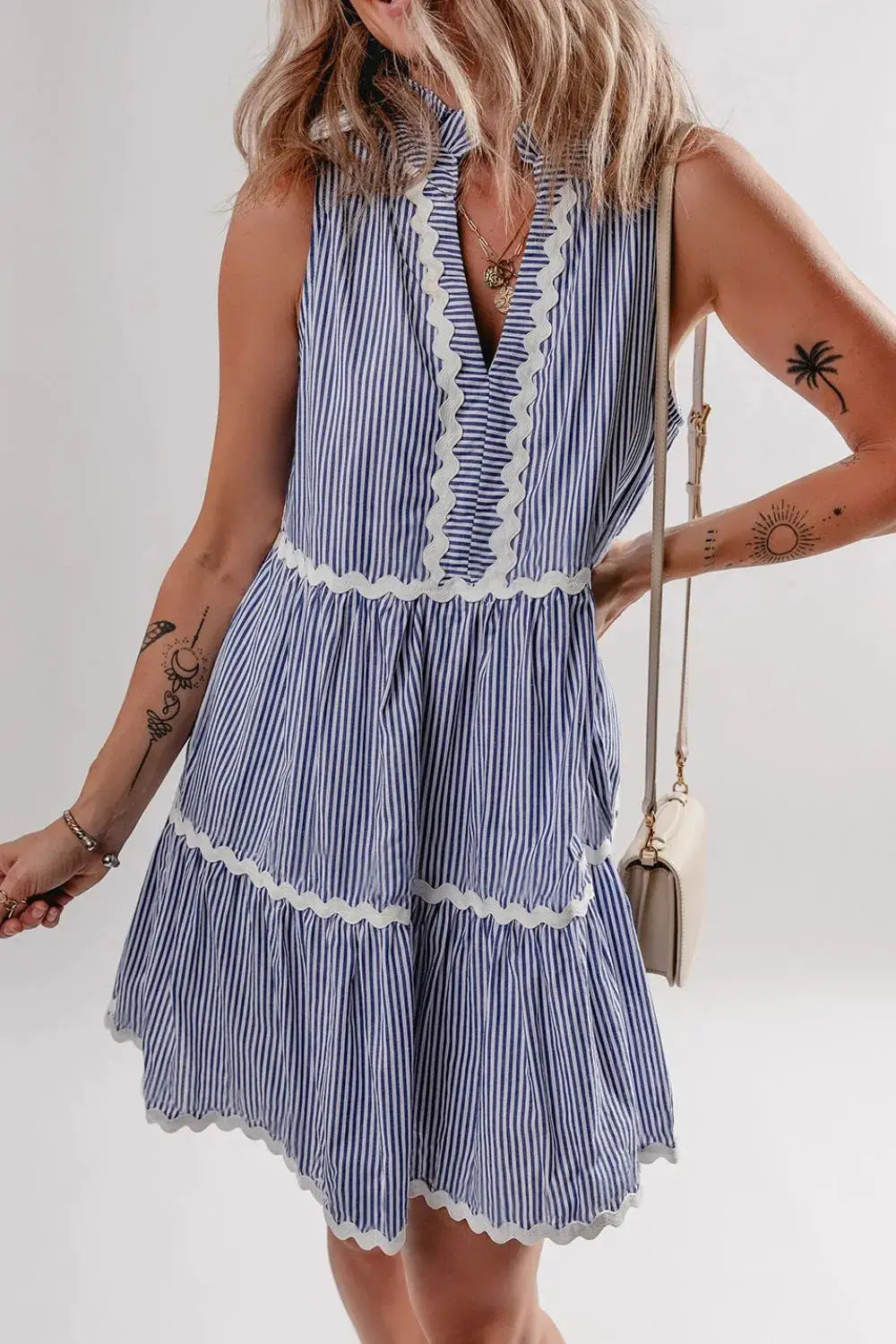 Stripe Sleeveless Notched Ric Rac Mini Dress - Clothes For Her Online Store
