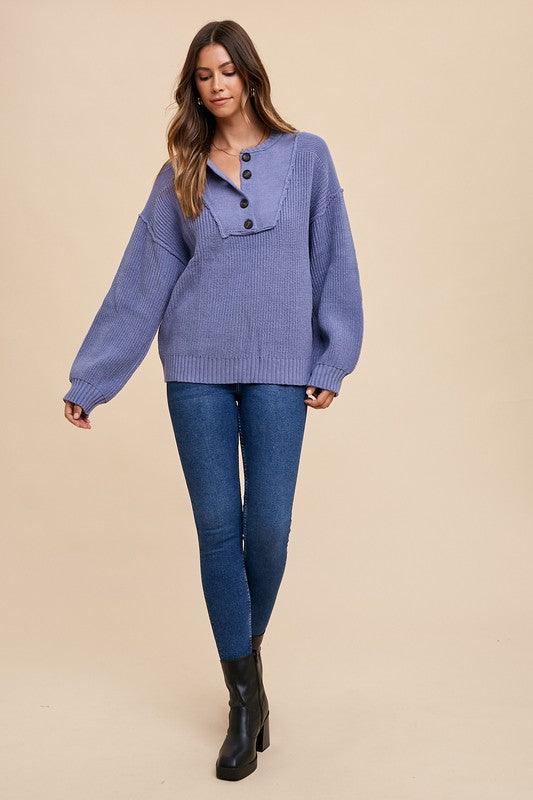 Annie Wear Half Button Ribbed Hem Sweater