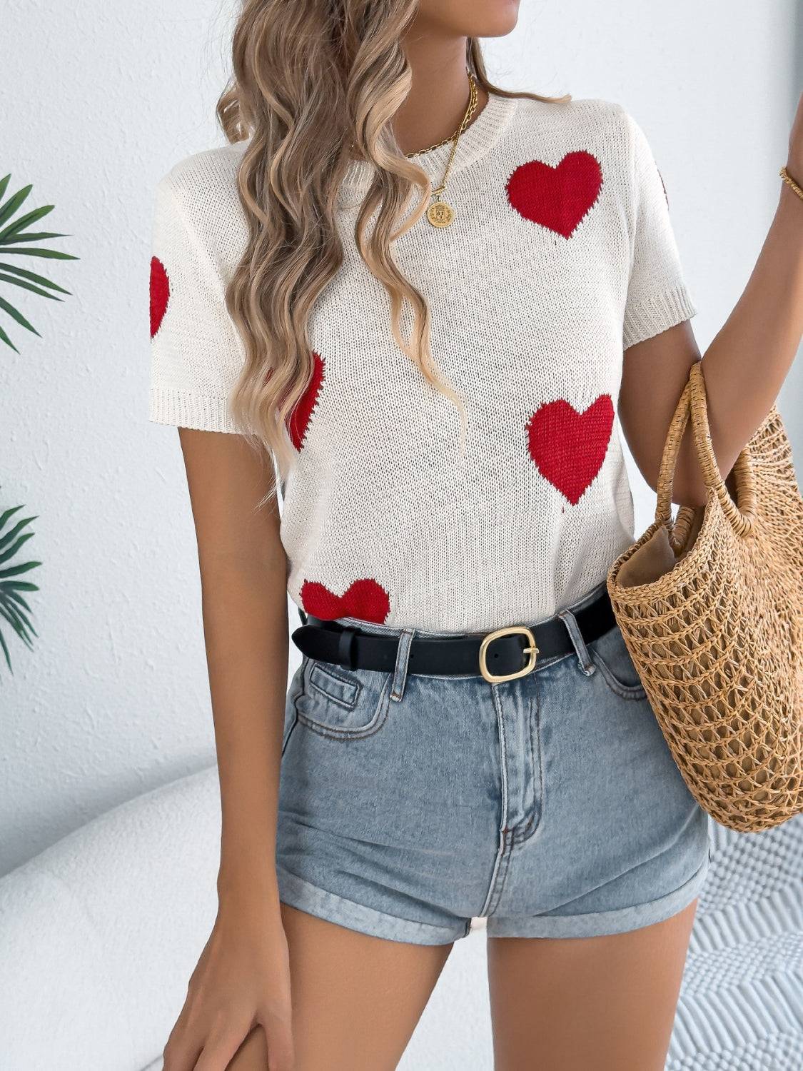 Heart Round Neck Short Sleeve Knit Top - Clothes For Her Online Store