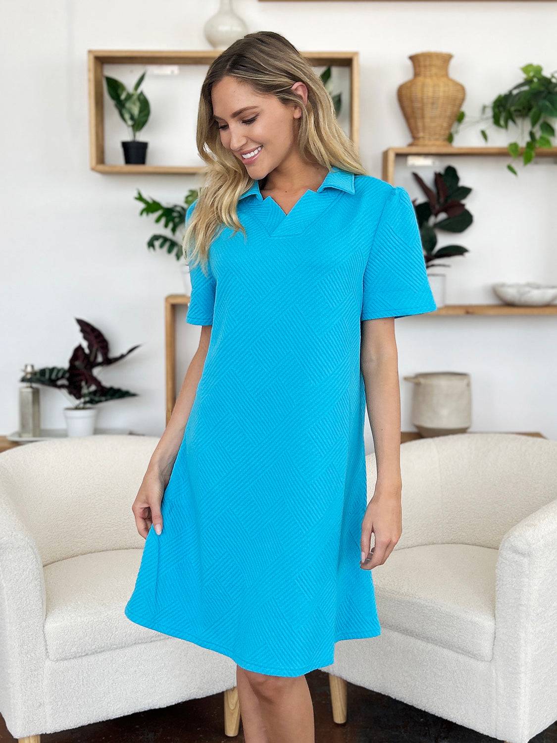 Double Take Full Size Texture Collared Neck Short Sleeve Dress - Clothes For Her Online Store