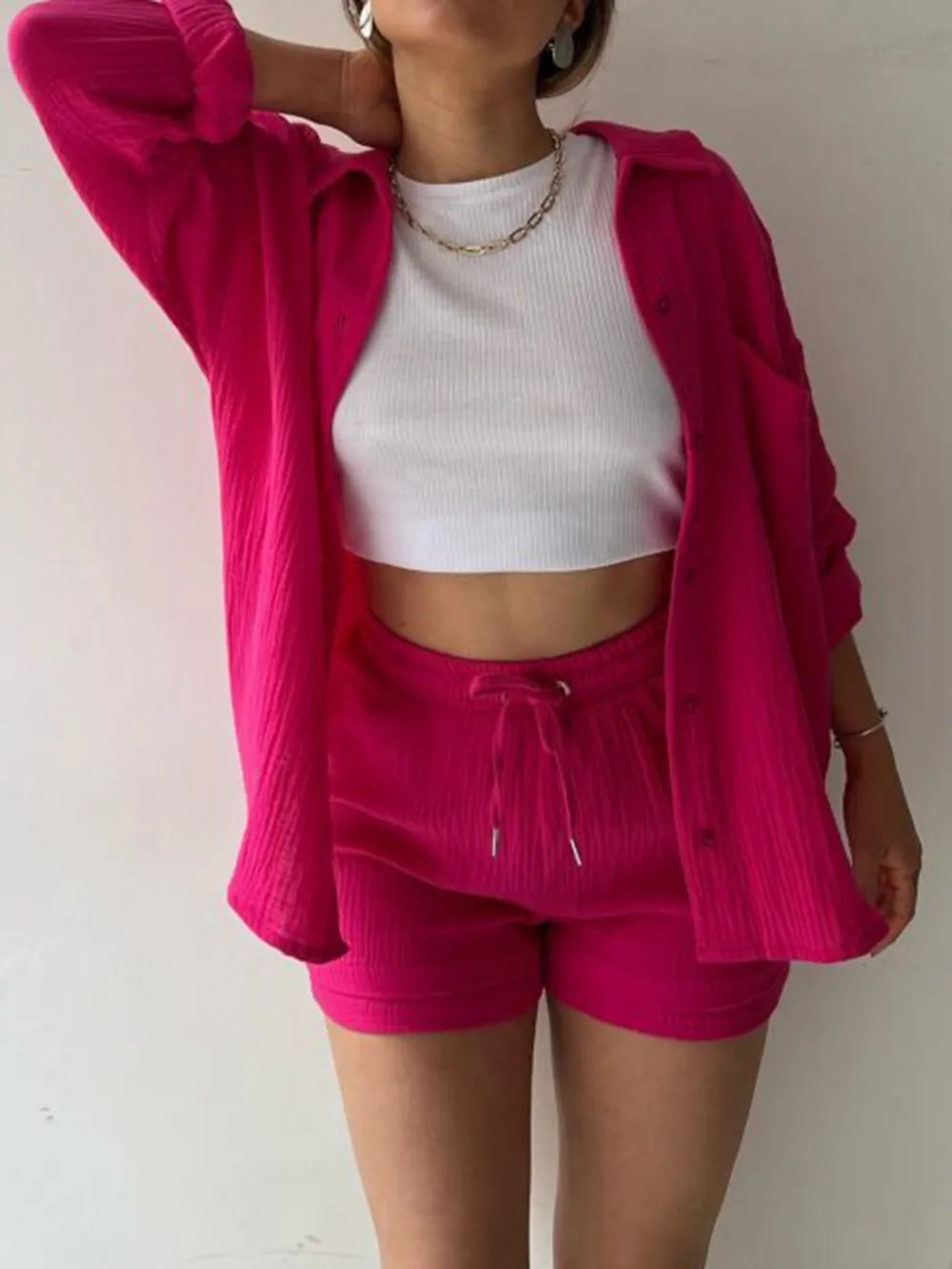 Texture Button Up Shirt and Drawstring Shorts Set - Clothes For Her Online Store