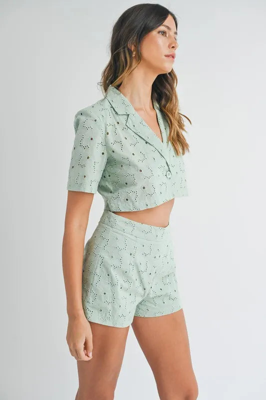 MABLE Eyelet Short Sleeve Crop Top and Shorts Set - Clothes For Her Online Store
