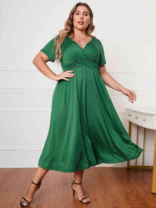 Honey Plus Size Short Sleeve Surplice Neck Midi Dress - Clothes For Her Online Store