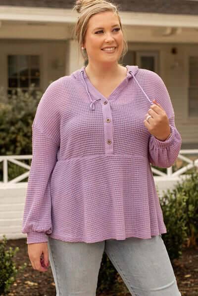 Plus Size Waffle Knit Drawstring Half Button Hooded Knit Top - Clothes For Her Online Store