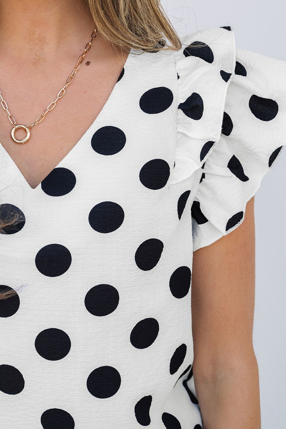 Polka Dot Ruffled Cap Sleeve V Neck Blouse