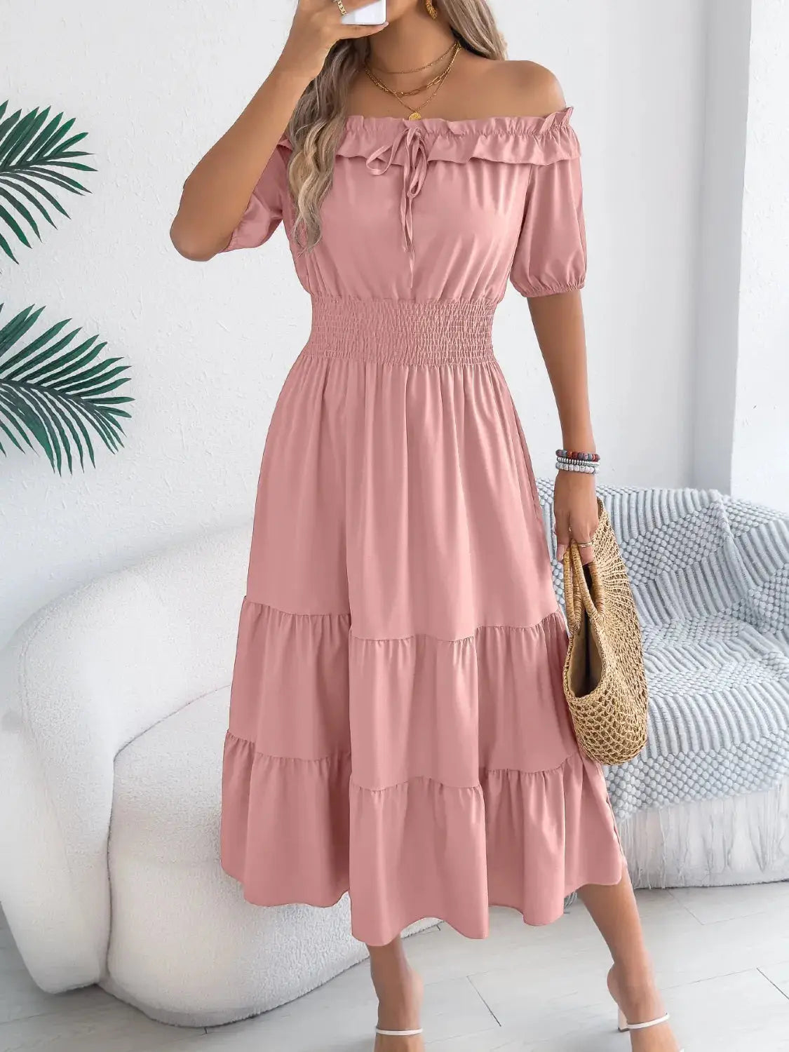 Smocked Off-Shoulder Tiered Dress - Clothes For Her Online Store