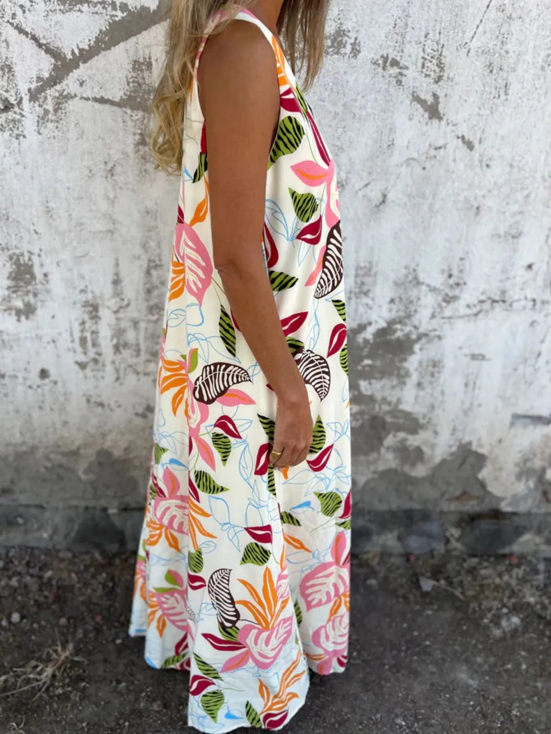 Full Size Printed V-Neck Sleeveless Dress Plus Size