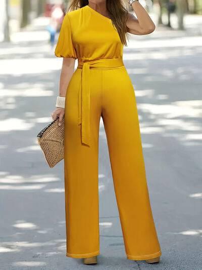 Plus Size Single Shoulder Tie Waist Jumpsuit - Clothes For Her Online Store