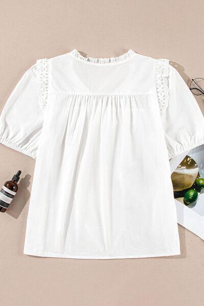 Lace Patchwork Tie Neck Short Sleeve Blouse