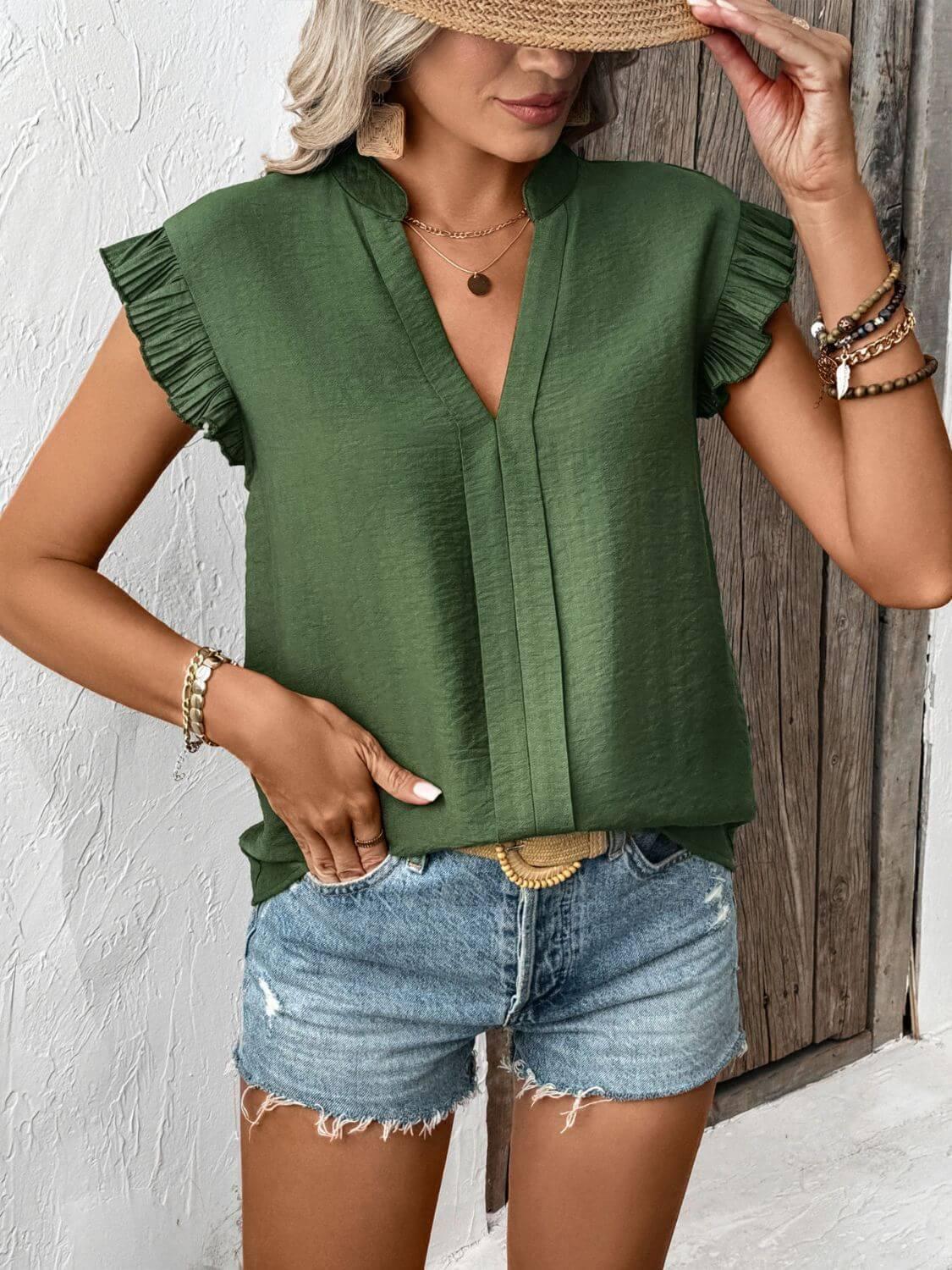 Perfee Ruffled Cap Sleeve Blouse