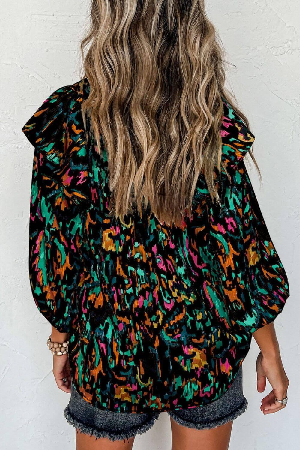 Abstract Print 3/4 Sleeve Ruffle Blouse