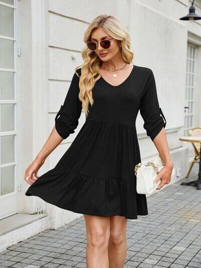 Tiered Ruched V-Neck Mini Dress - Clothes For Her Online Store
