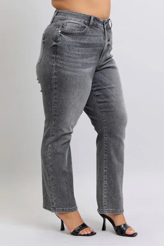 Judy Blue Full Size High Waist Rhinestone Straight Jeans Plus Size